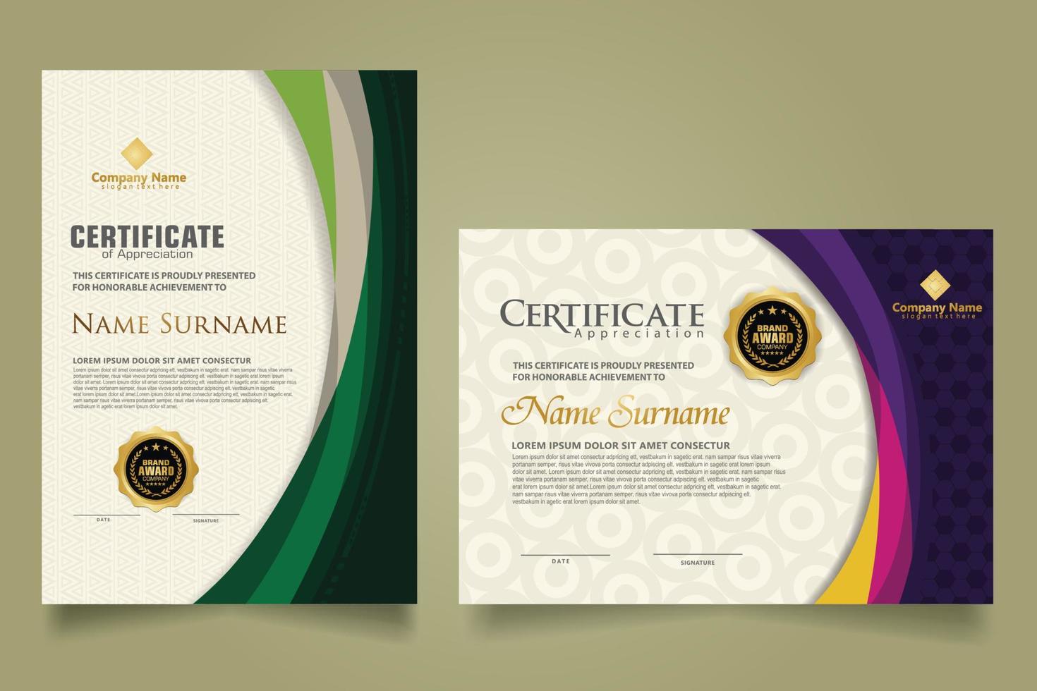 Set modern certificate template with futuristic and elegant color wave shape on the ornament and modern pattern background vector