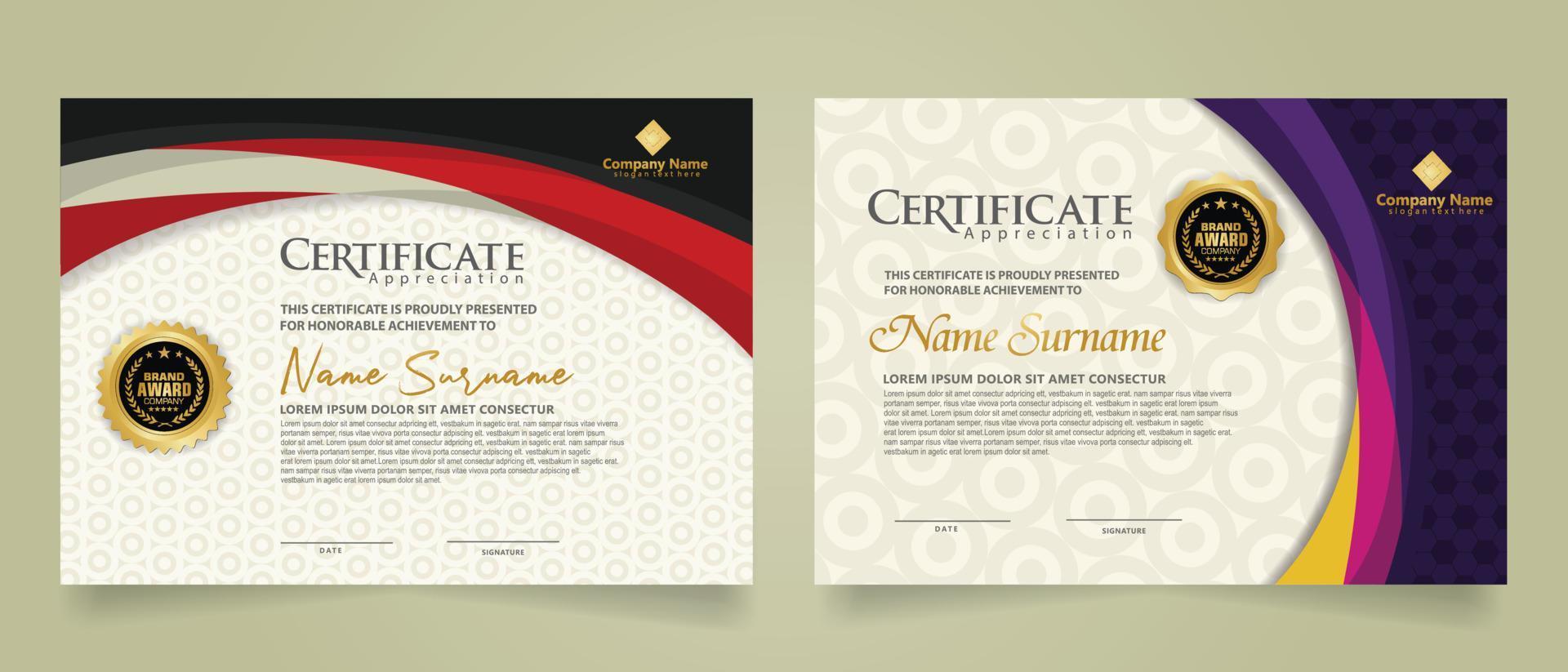 Set modern certificate template with futuristic and elegant color wave shape on the ornament and modern pattern background vector