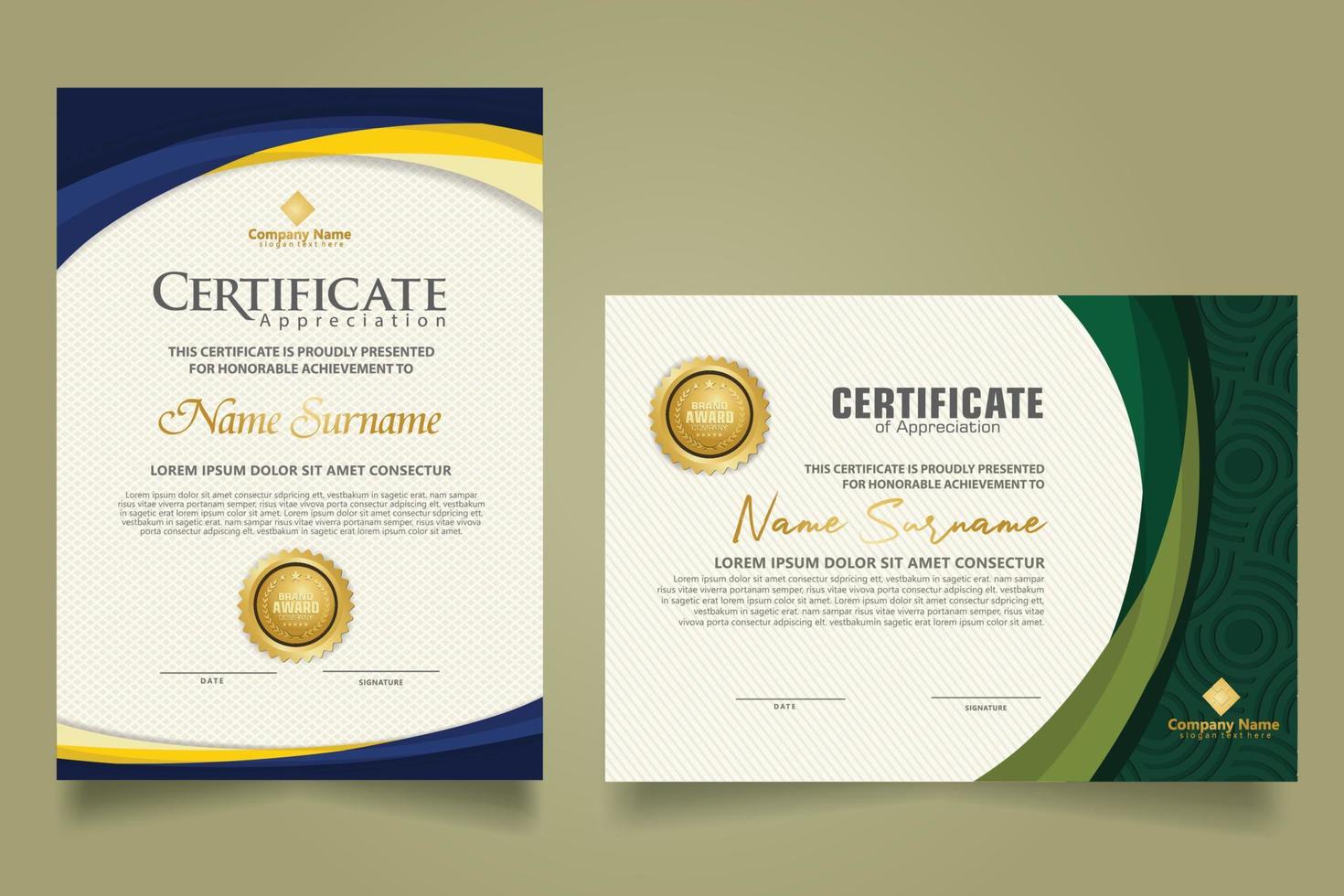 Set modern certificate template with futuristic and elegant color wave shape on the ornament and modern pattern background vector