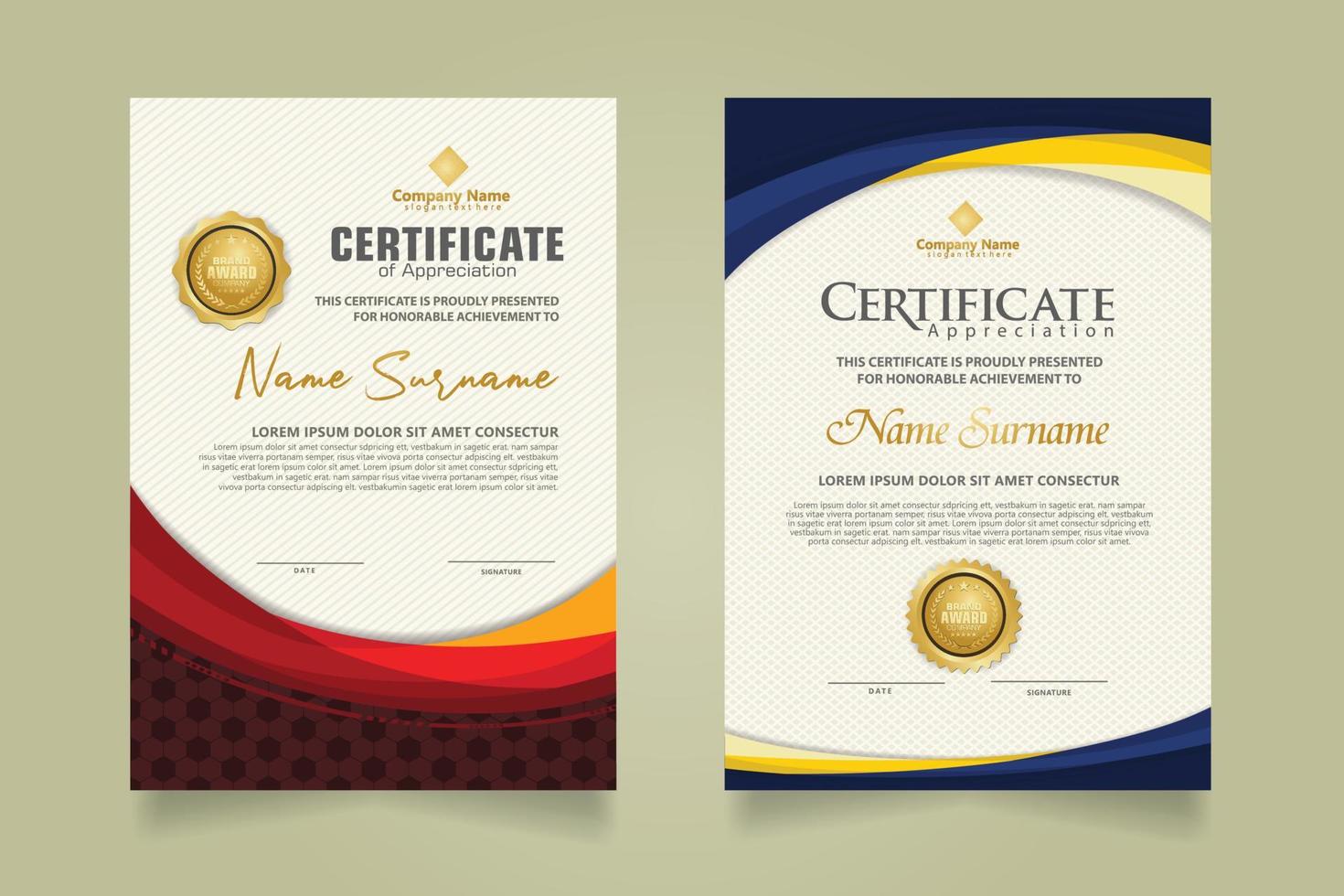 Set modern certificate template with futuristic and elegant color wave shape on the ornament and modern pattern background vector