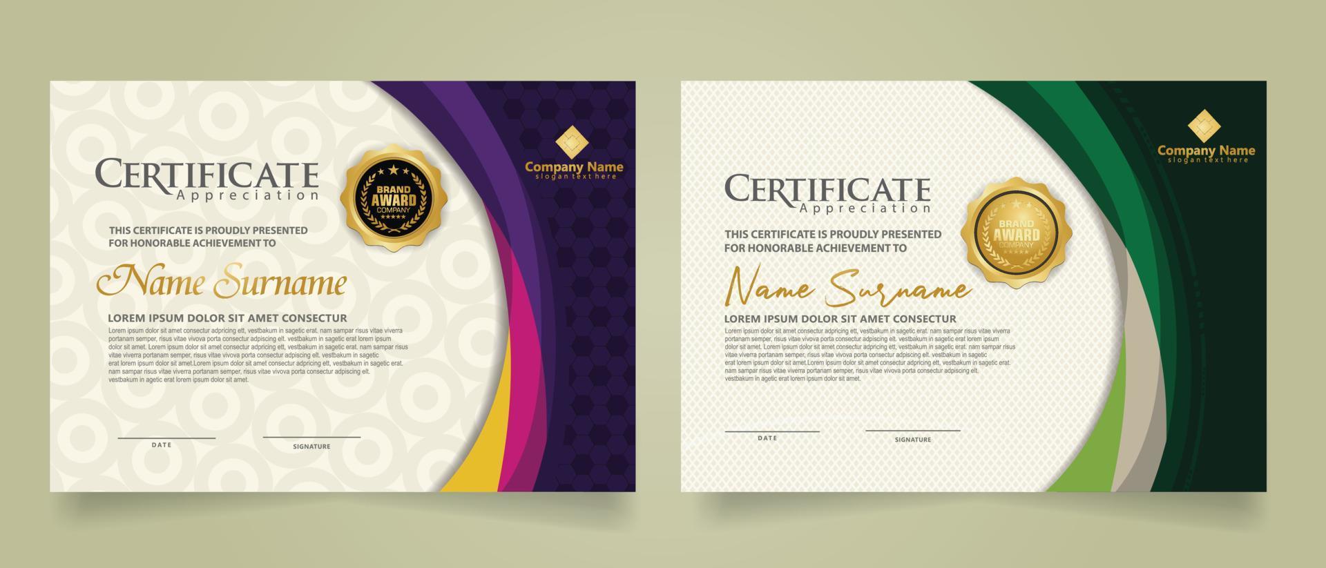 Set modern certificate template with futuristic and elegant color wave shape on the ornament and modern pattern background vector