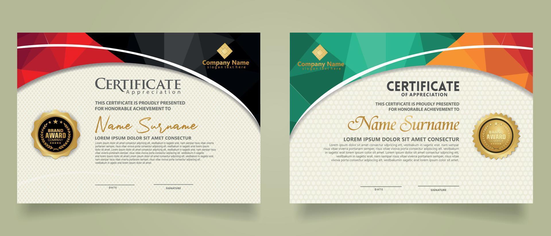 Set modern certificate template with triangle geometric polygon on circular lines ornate background. vector illustrations