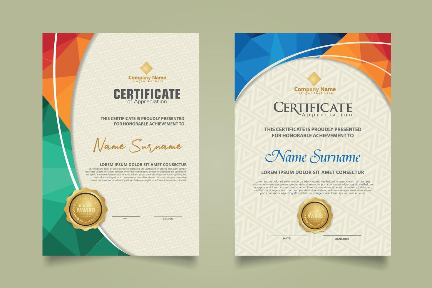 Set modern certificate template with triangle geometric polygon on circular lines ornate background. vector illustrations