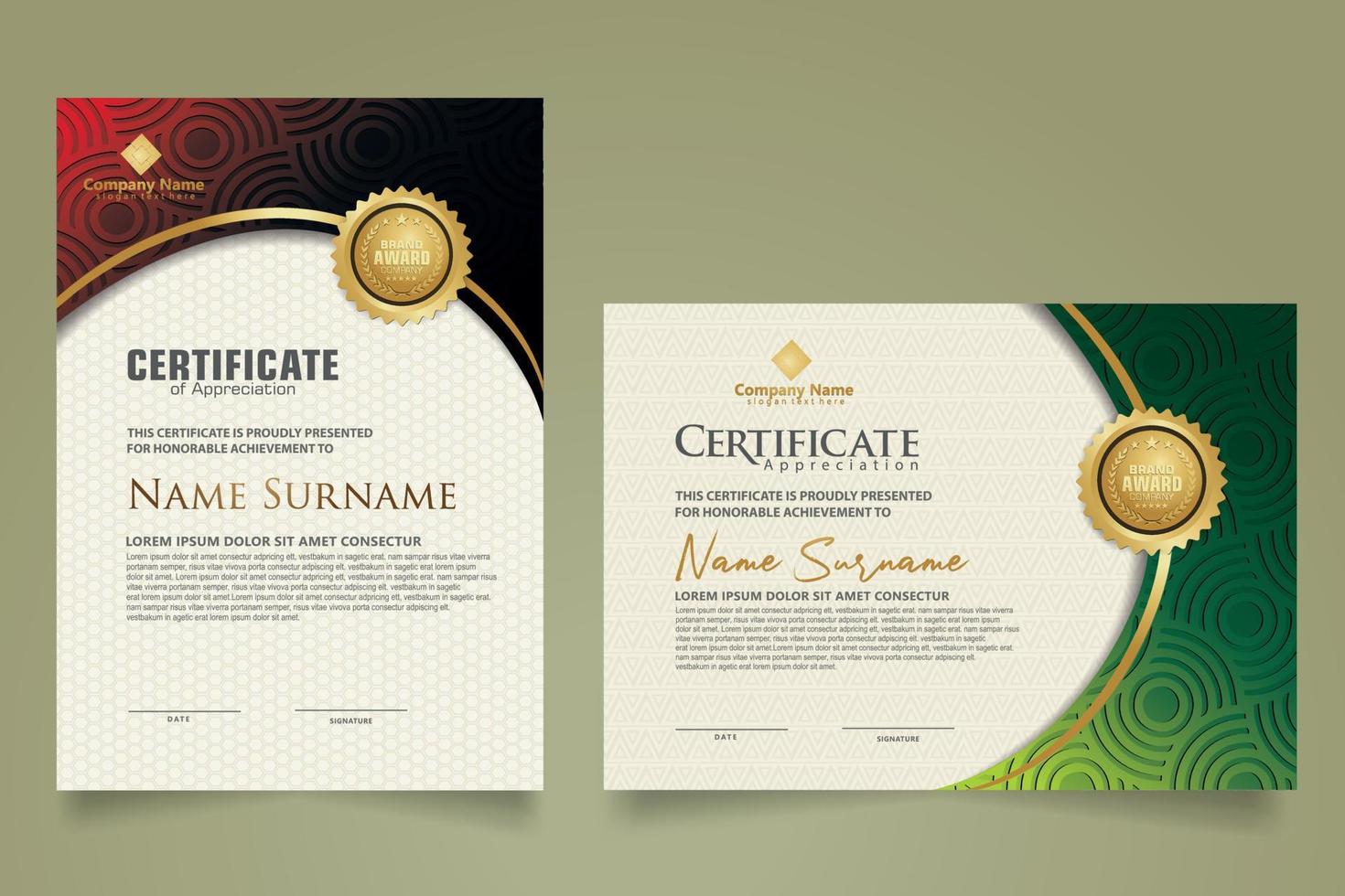 Set modern certificate template with triangle geometric polygon on circular lines ornate background. vector illustrations