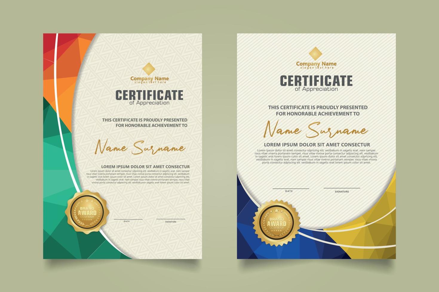 Set modern certificate template with triangle geometric polygon on circular lines ornate background. vector illustrations