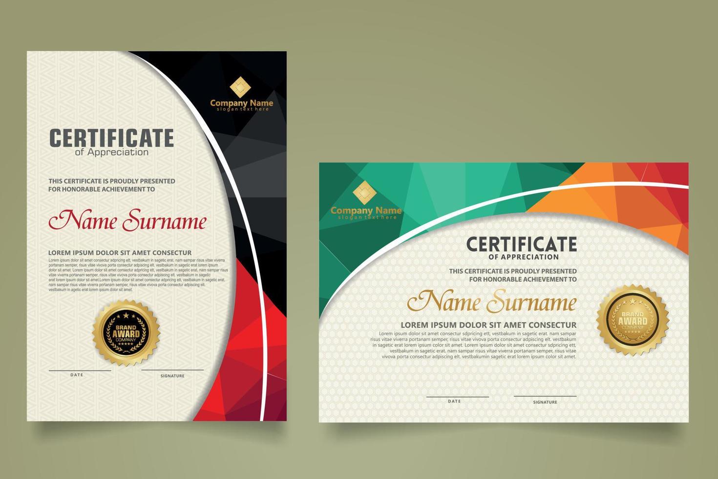 Set modern certificate template with triangle geometric polygon on circular lines ornate background. vector illustrations