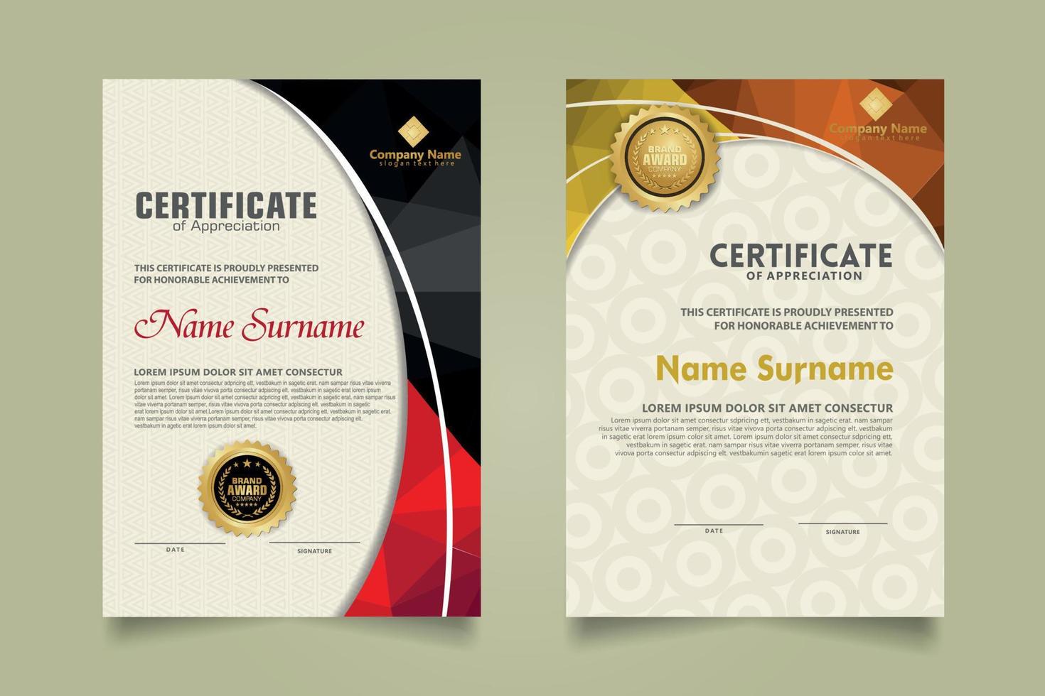 Set modern certificate template with triangle geometric polygon on circular lines ornate background. vector illustrations