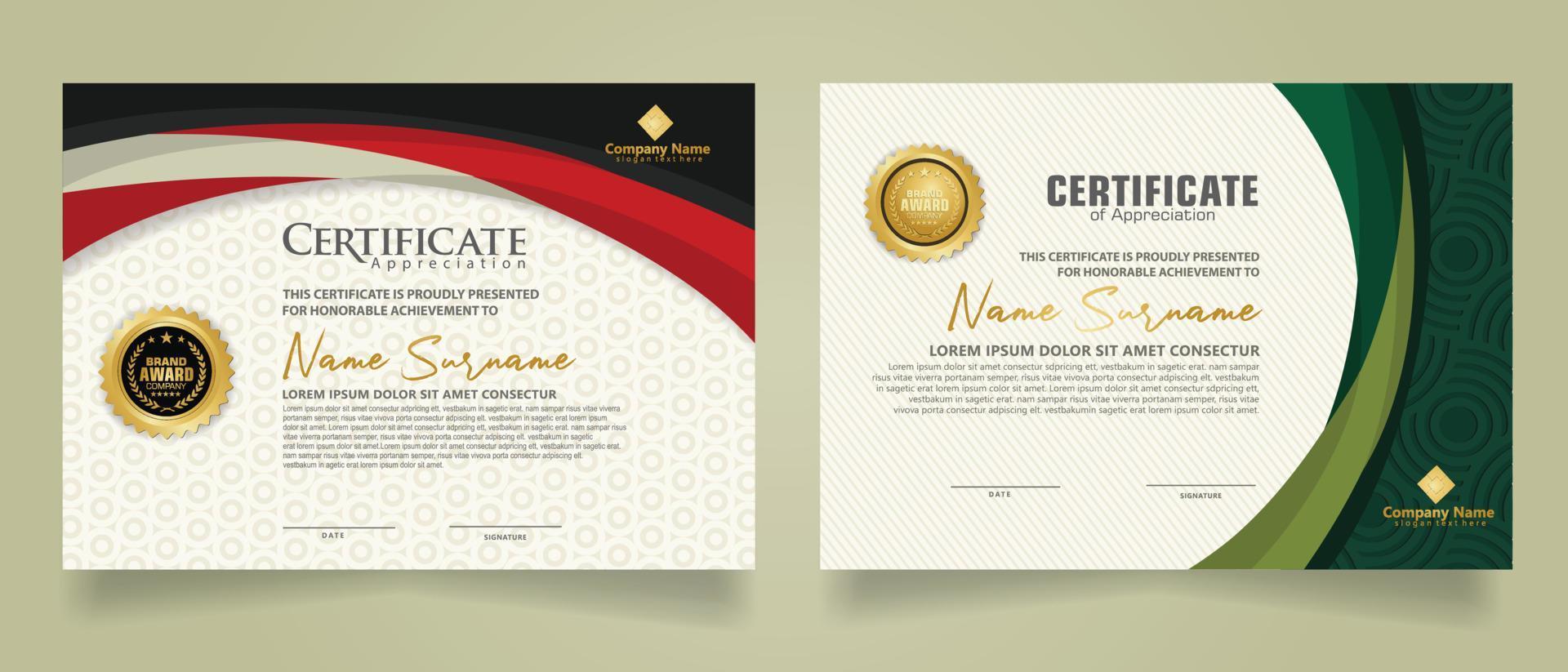 Set modern certificate template with futuristic and elegant color wave shape on the ornament and modern pattern background vector