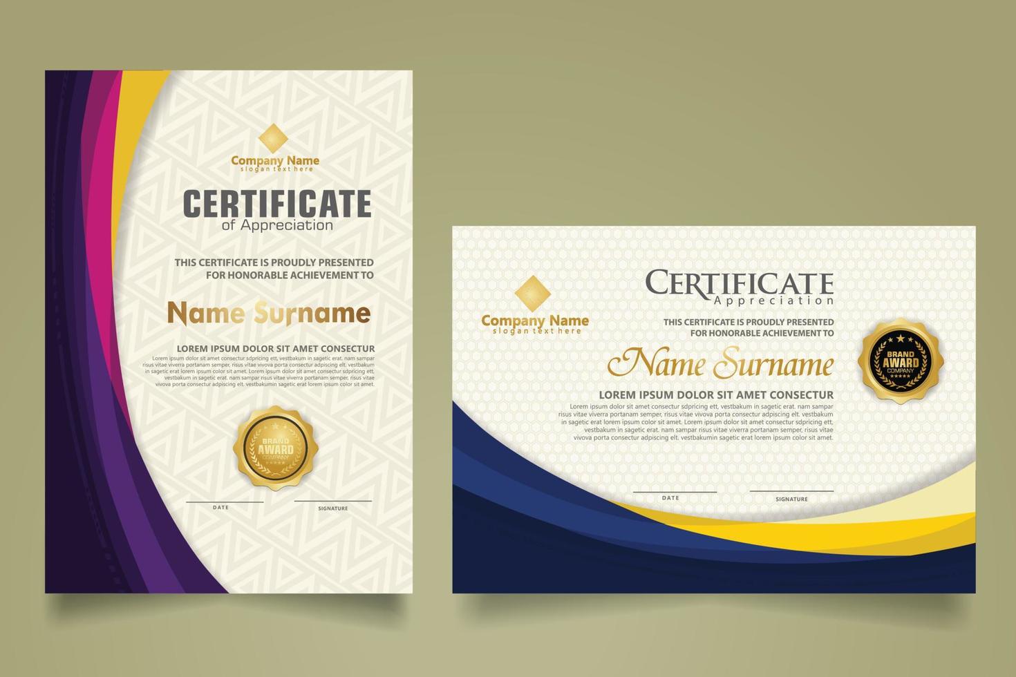 Set modern certificate template with futuristic and elegant color wave shape on the ornament and modern pattern background vector