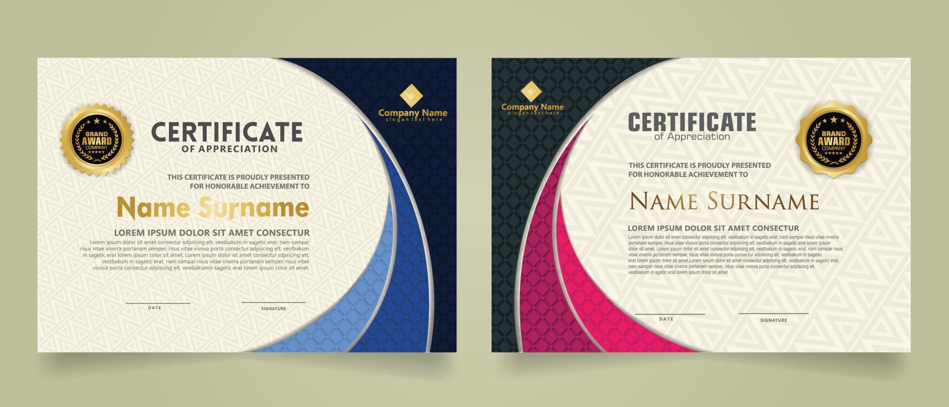 Set modern certificate template with realistic texture diamond shaped on the ornament and modern pattern background vector