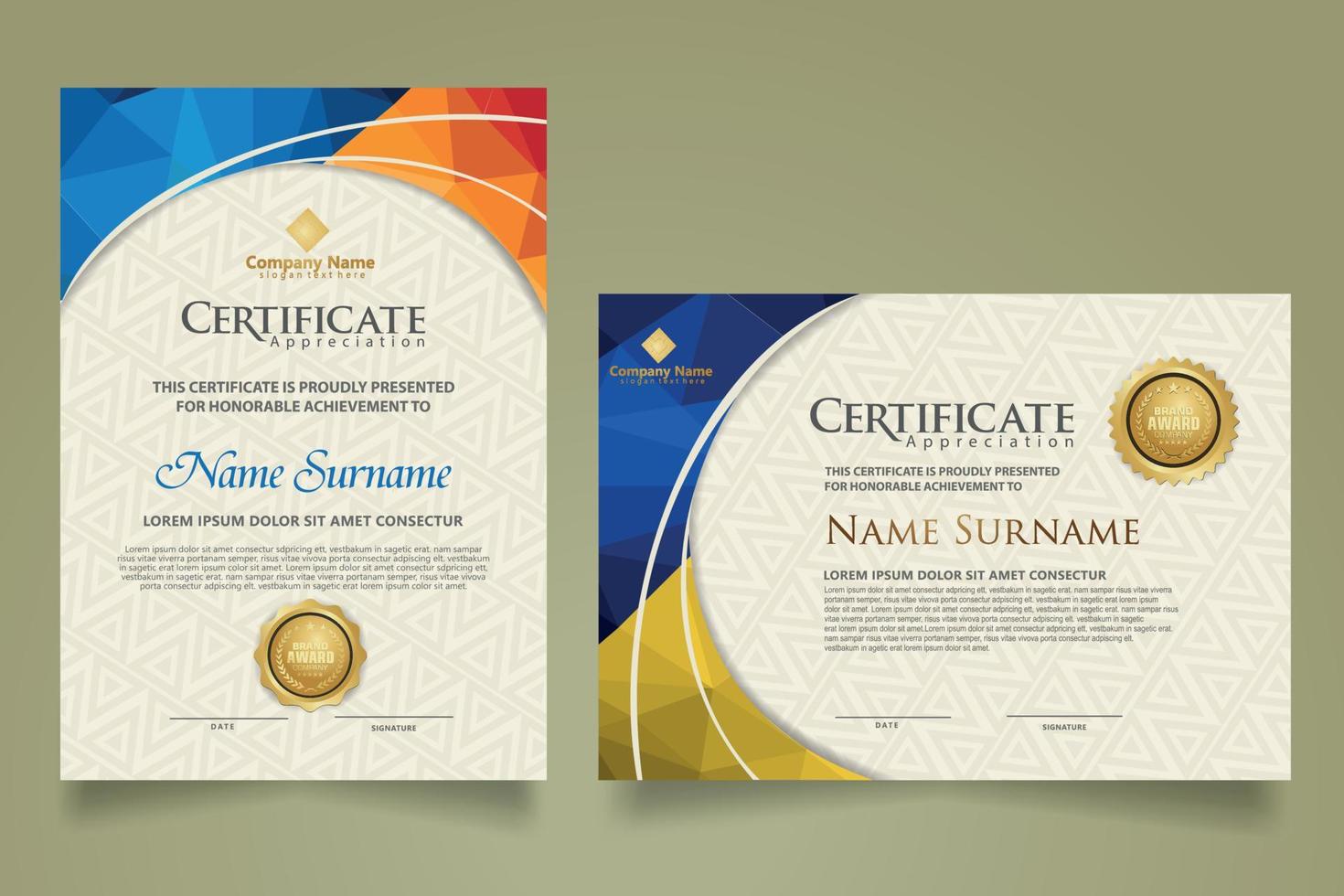 Set modern certificate template with triangle geometric polygon on circular lines ornate background. vector illustrations