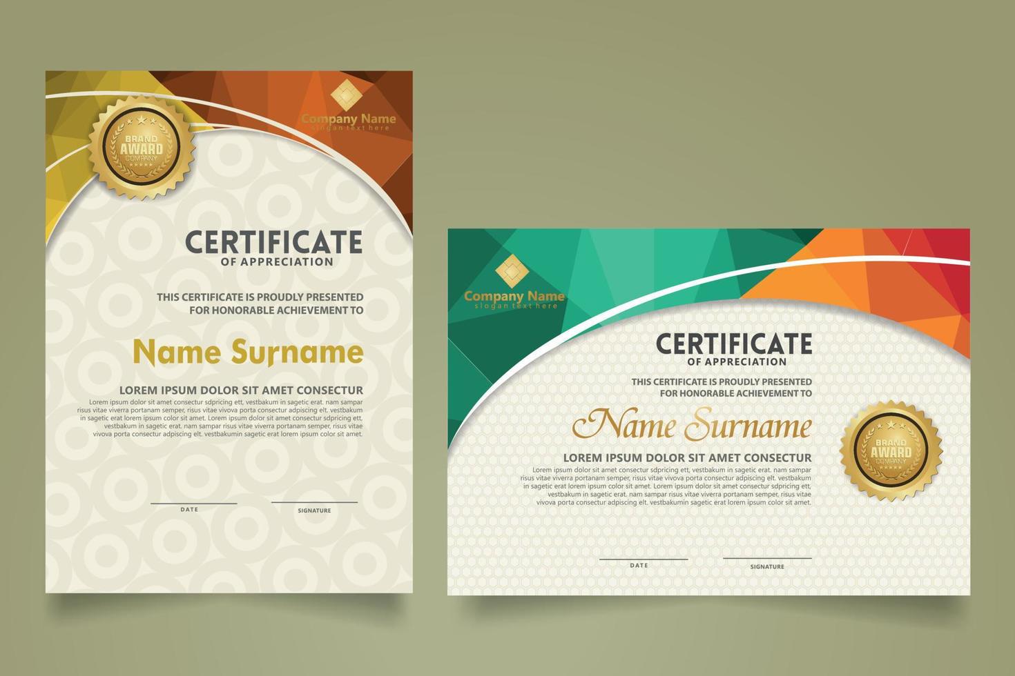 Set modern certificate template with triangle geometric polygon on circular lines ornate background. vector illustrations