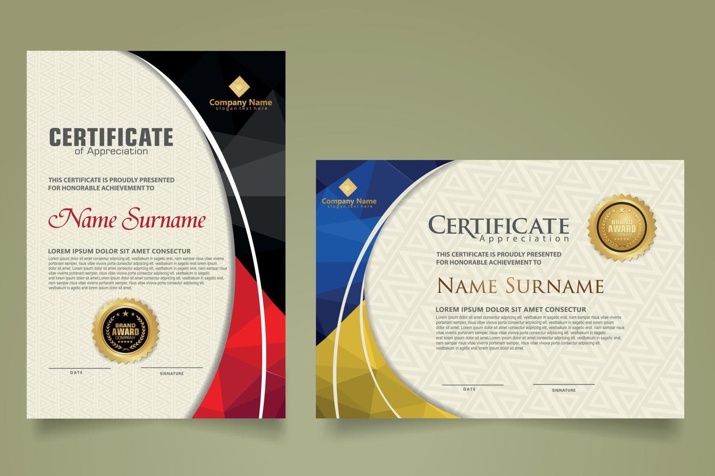 Set modern certificate template with triangle geometric polygon on circular lines ornate background. vector illustrations