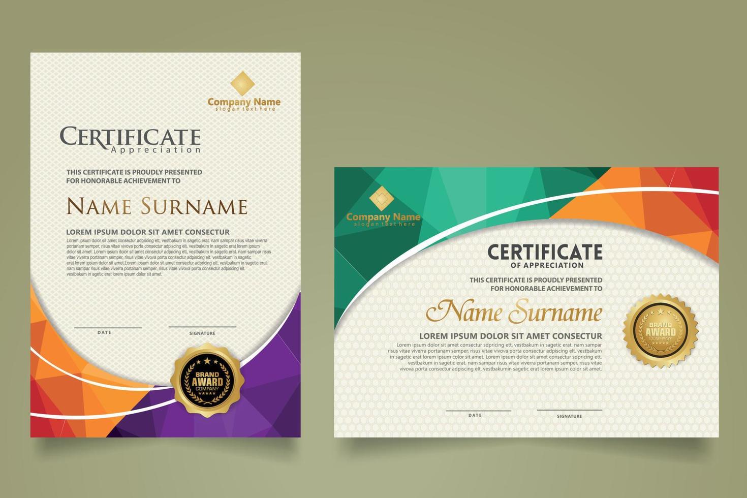 Set modern certificate template with triangle geometric polygon on circular lines ornate background. vector illustrations