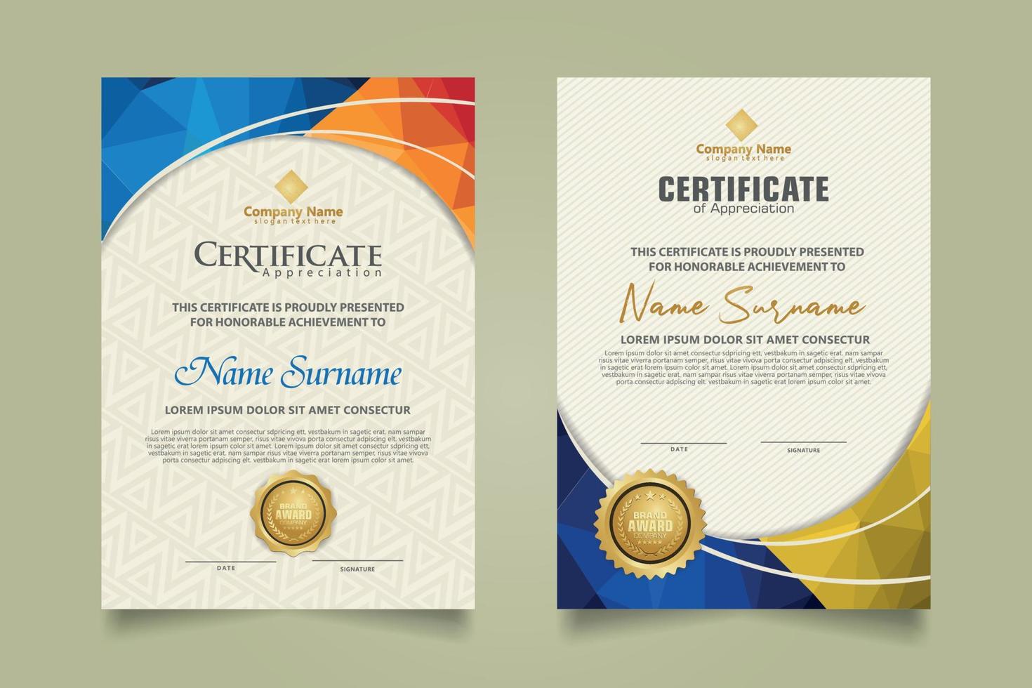 Set modern certificate template with triangle geometric polygon on circular lines ornate background. vector illustrations