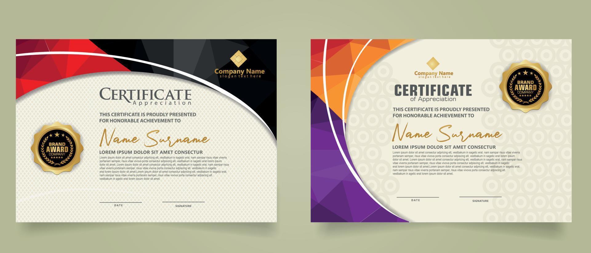 Set modern certificate template with triangle geometric polygon on circular lines ornate background. vector illustrations