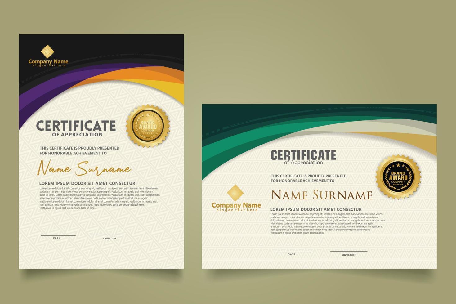 Set modern certificate template with futuristic and elegant color wave shape on the ornament and modern pattern background vector