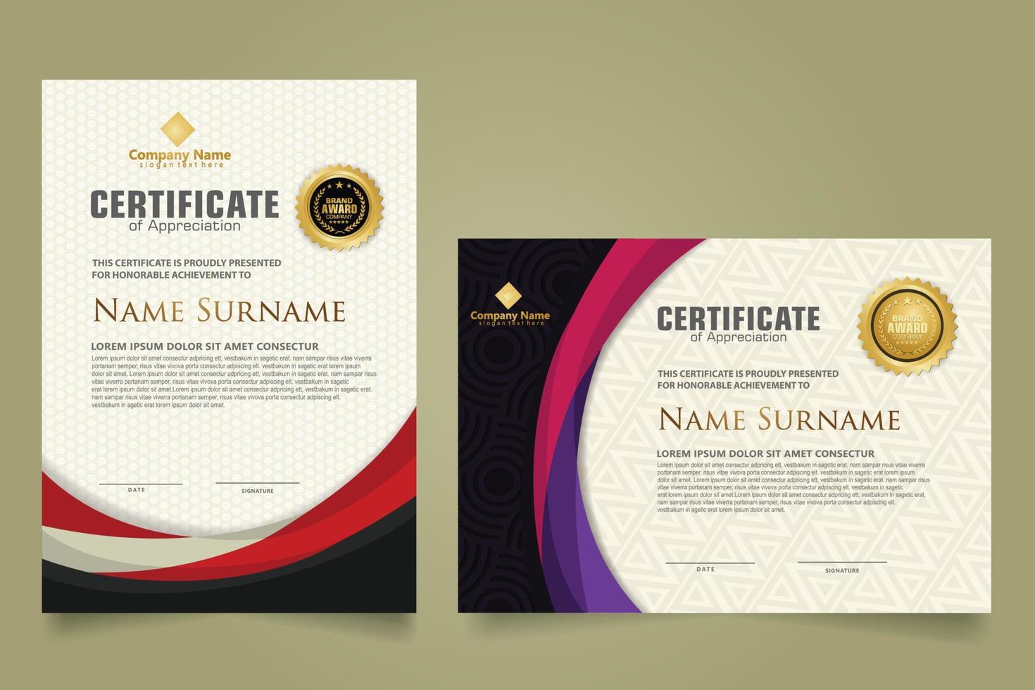 Set modern certificate template with futuristic and elegant color wave shape on the ornament and modern pattern background vector