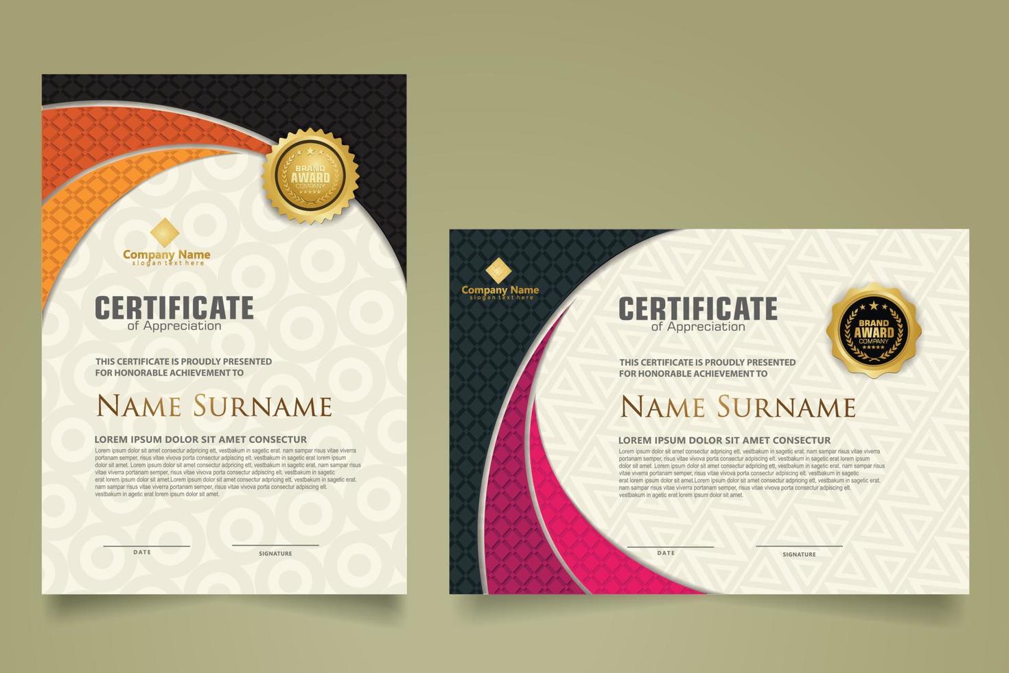 Set modern certificate template with realistic texture diamond shaped on the ornament and modern pattern background vector