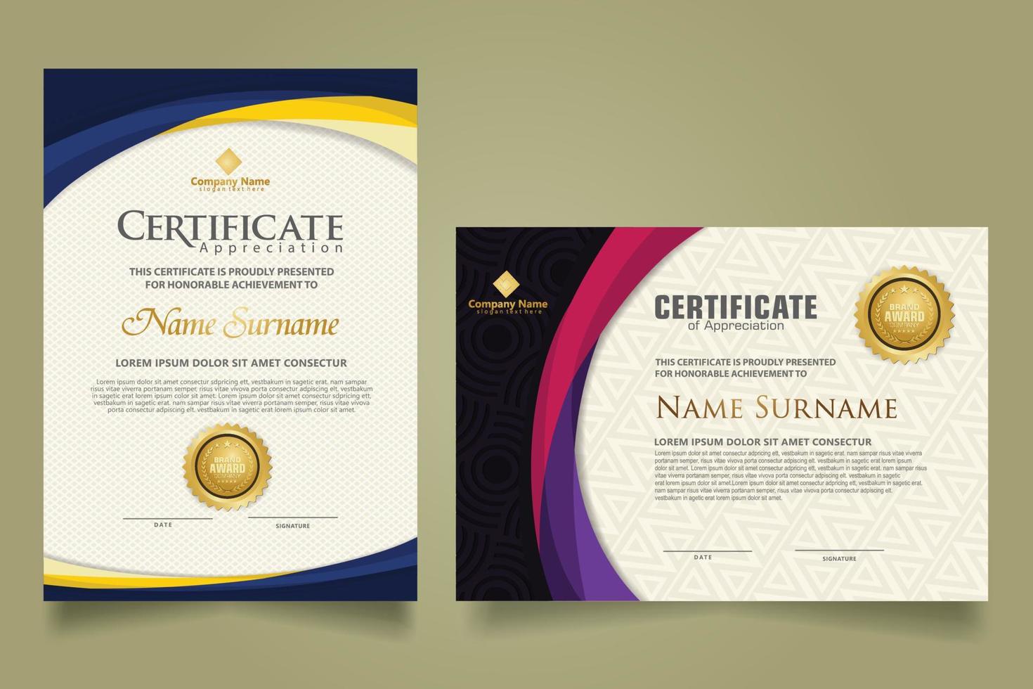 Set modern certificate template with futuristic and elegant color wave shape on the ornament and modern pattern background vector