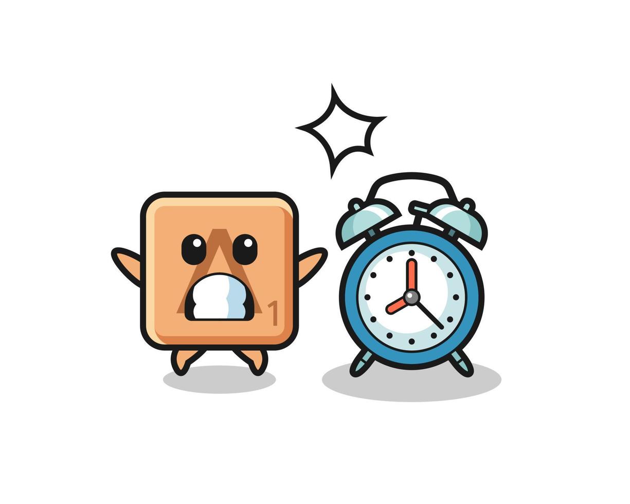 Cartoon Illustration of scrabble is surprised with a giant alarm clock vector