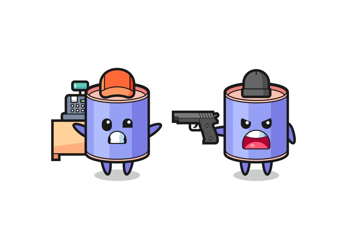 illustration of the cute cylinder piggy bank as a cashier is pointed a gun by a robber vector
