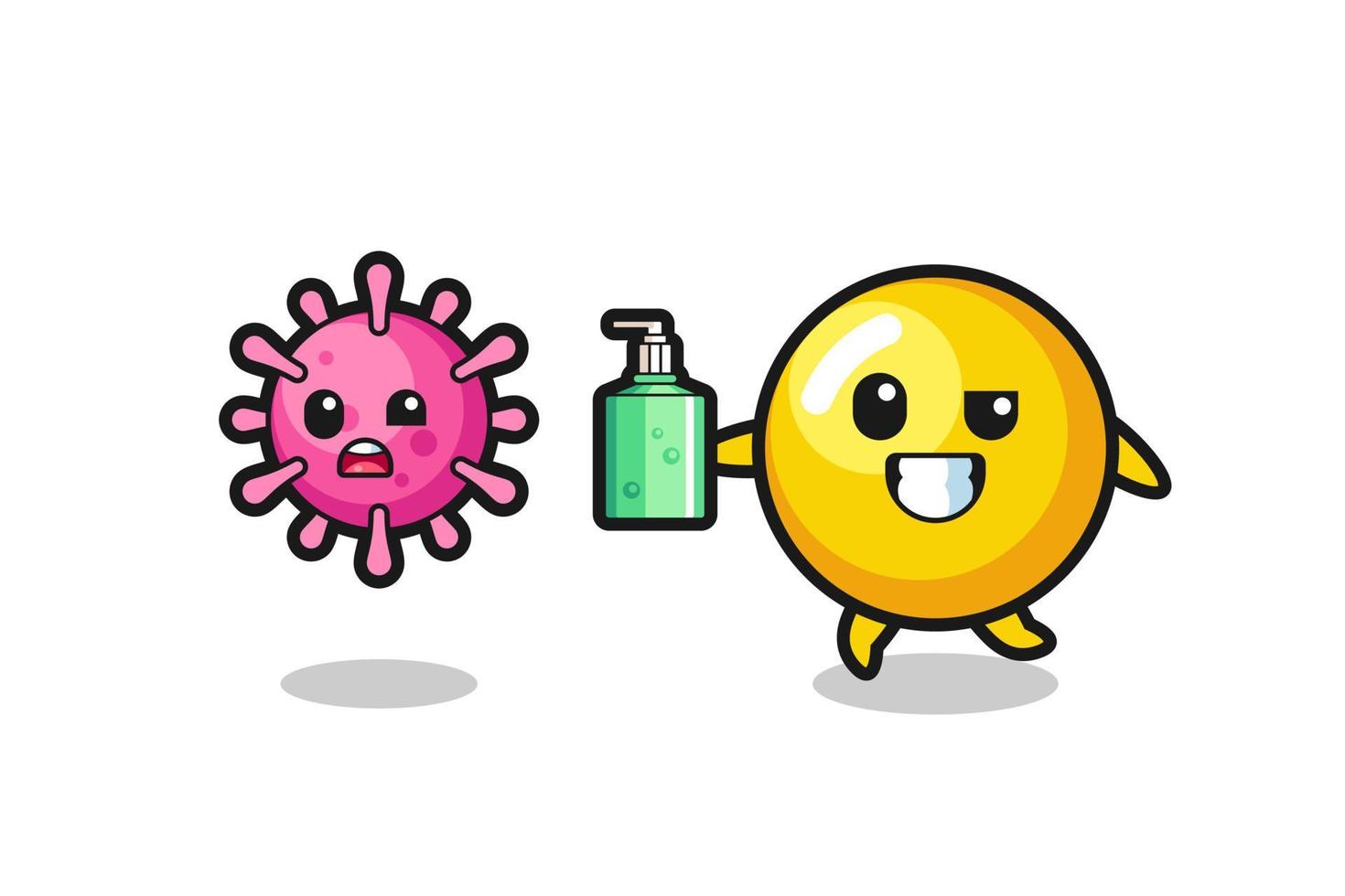 illustration of egg yolk character chasing evil virus with hand sanitizer vector