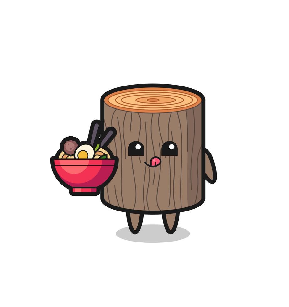 lindo personaje de tocón de árbol comiendo fideos vector