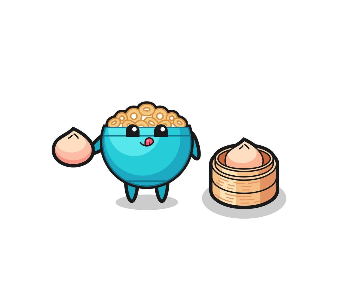cute cereal bowl character eating steamed buns vector
