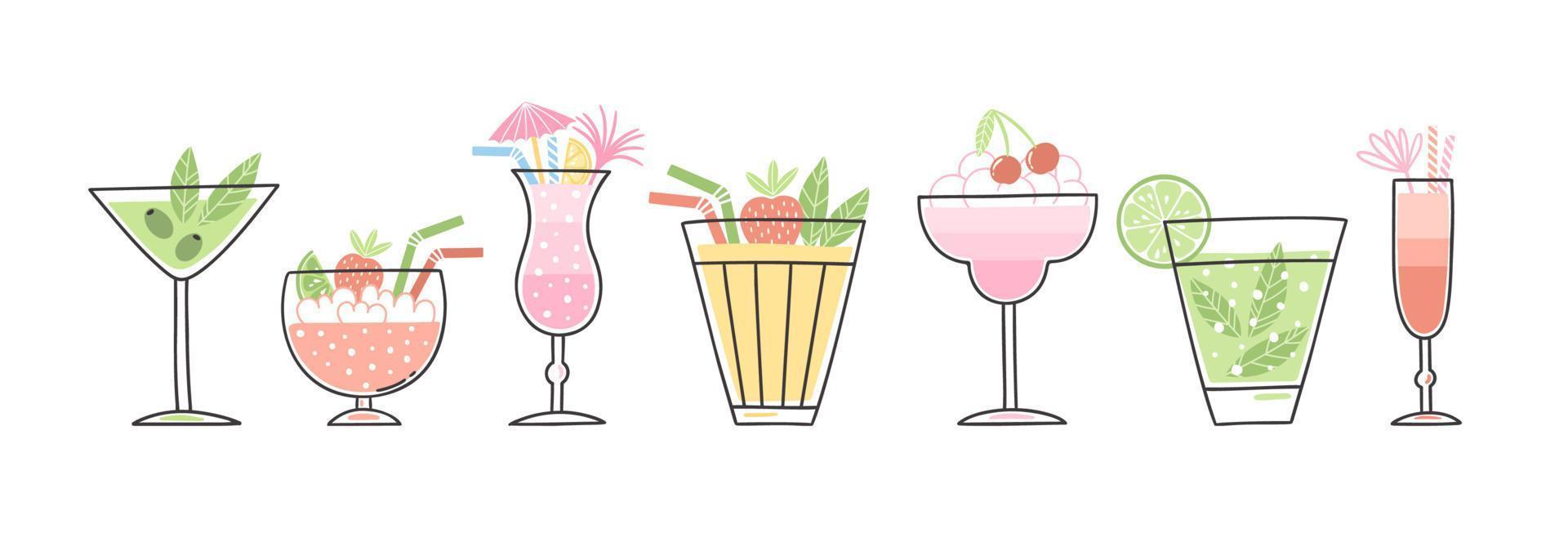 ilustraciones de cócteles dibujadas a mano. colorido conjunto de imágenes prediseñadas de verano. diseño de vacaciones vectorial aislado con elementos decorativos. jugosas bebidas sabrosas. vector