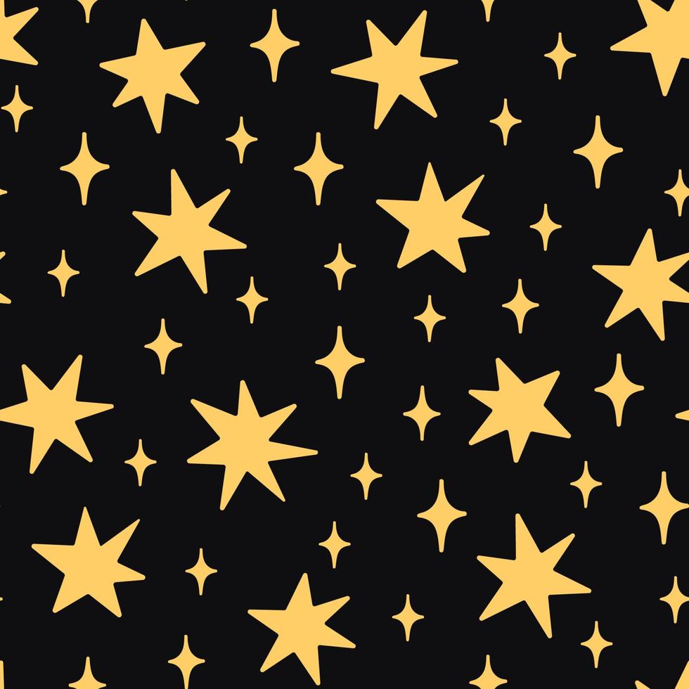 Vector seamless pattern with hand-drawn stars on black background. Night sky art texture. Modern illustration print. Simple doodle for any surface design.