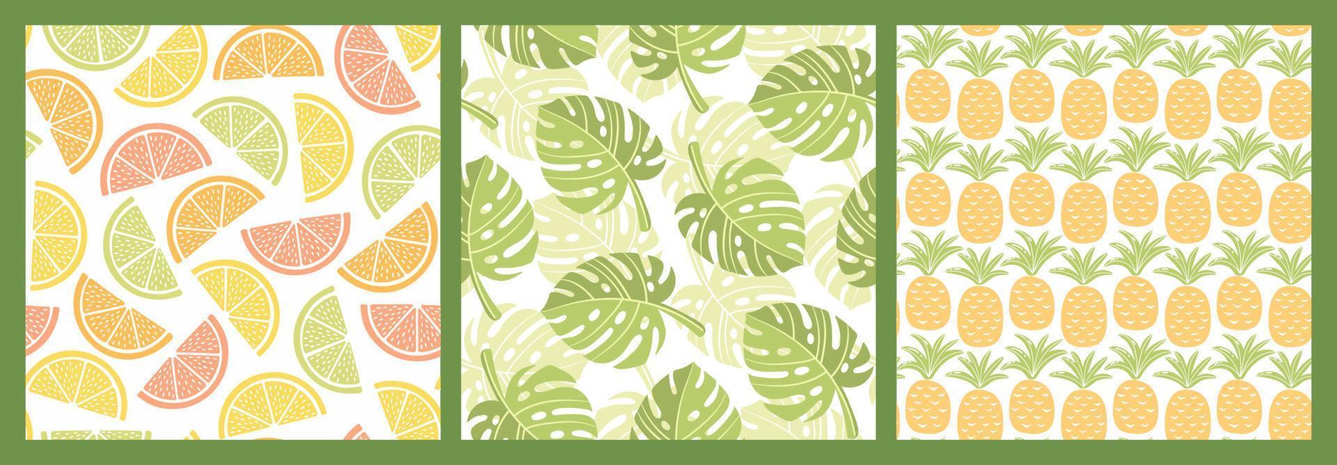 conjunto de patrones impecables con frutas coloridas y hojas de monstera para el diseño textil. fondo de verano en colores brillantes. ilustraciones vectoriales de moda dibujadas a mano. vector