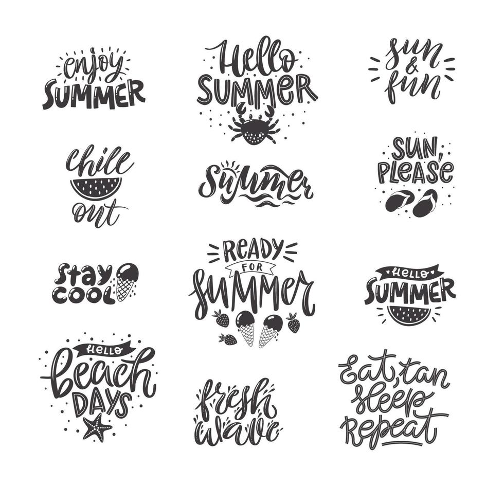 Black and white summer lettering set in modern style. Hand-drawn holiday decorations. Isolated vector illustration designs with summer elements. Vector typography collection.