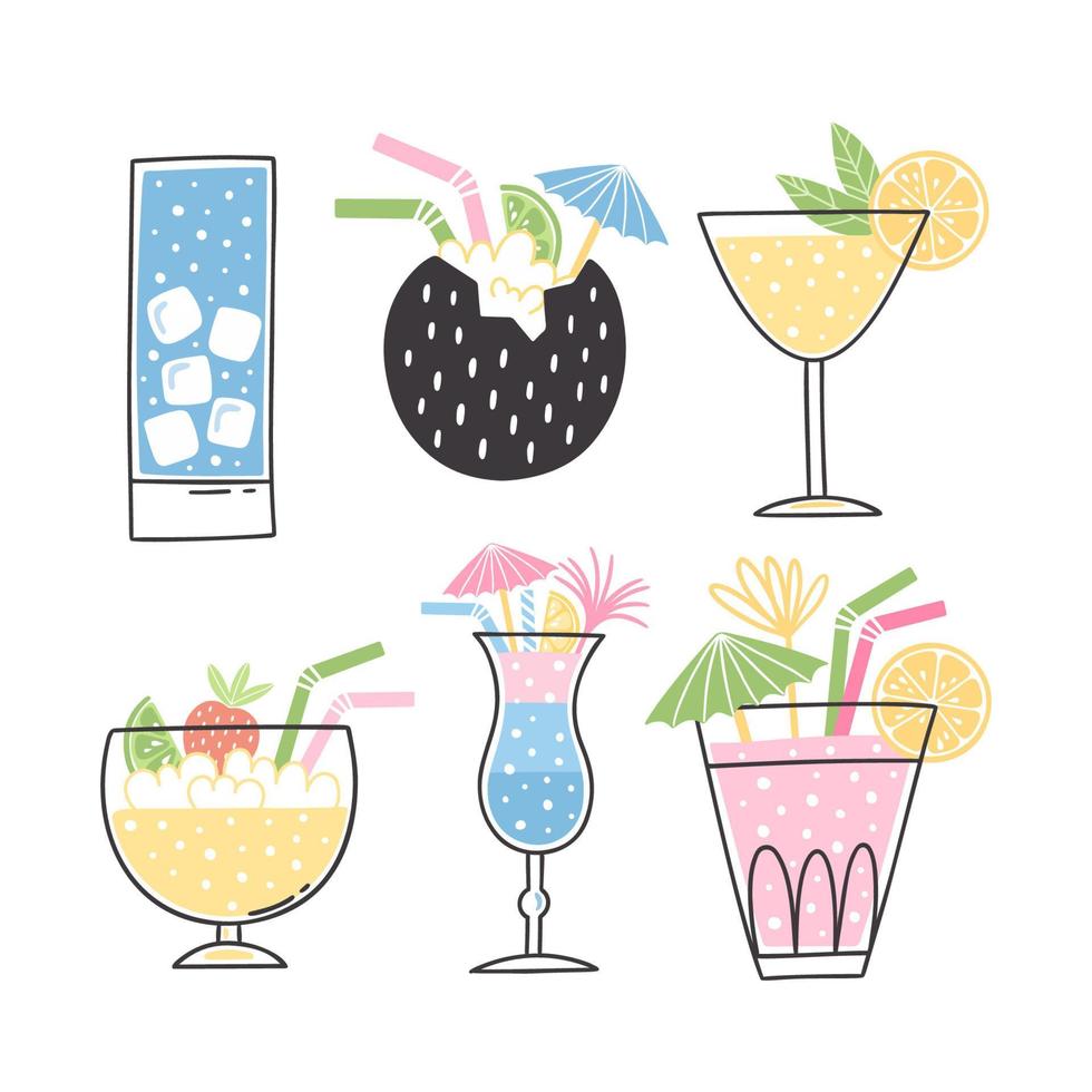 Cocktail illustrations in hand drawn style. Colorful summer clipart set. Isolated vector holiday design with decorative elements.  Juicy tasty beverages.