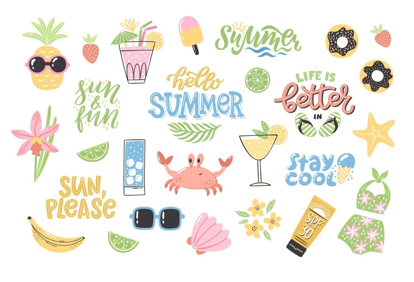 Colorful summer clipart set with lettering. Hand-drawn holiday decoration and typography. Isolated vector illustration designs with season elements like swimsuit, sunglasses, starfish and others.