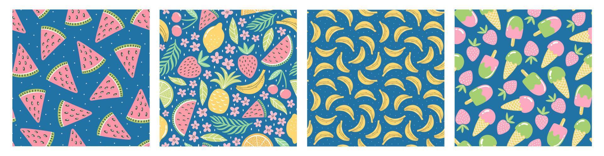 Set of seamless patterns with colorful fruits and sweets for textile design. Summer background in bright colors. Hand-drawn trendy vector illustrations.