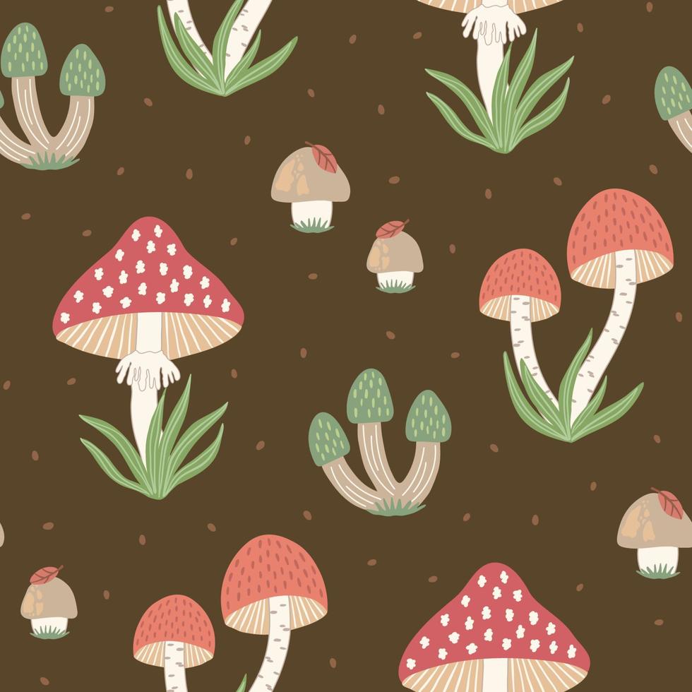 Hand-drawn seamless pattern with wild mushrooms and autumn leaves. Colorful seasonal illustration for paper and gift wrap. Fabric print design. Creative stylish background. vector