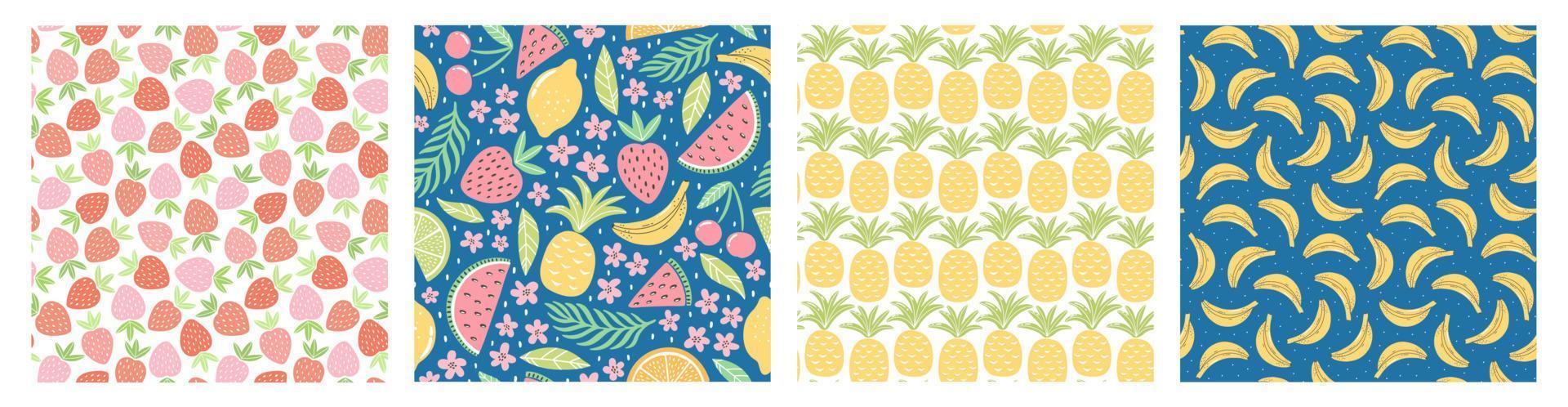 Set of seamless patterns with colorful fruits and sweets for textile design. Summer background in bright colors. Hand-drawn trendy vector illustrations.