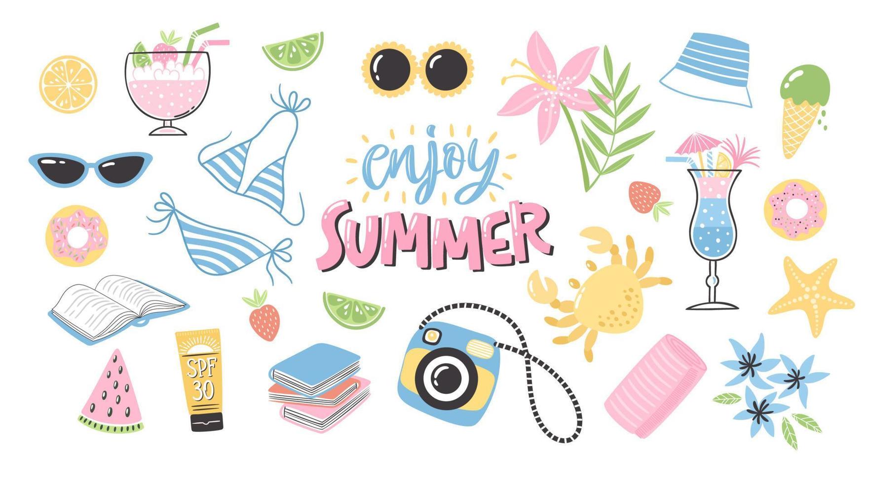 Colorful summer clipart set with lettering. Hand-drawn holiday decoration and typography. Isolated vector illustration designs with season elements like swimsuit, sunglasses, starfish and others.