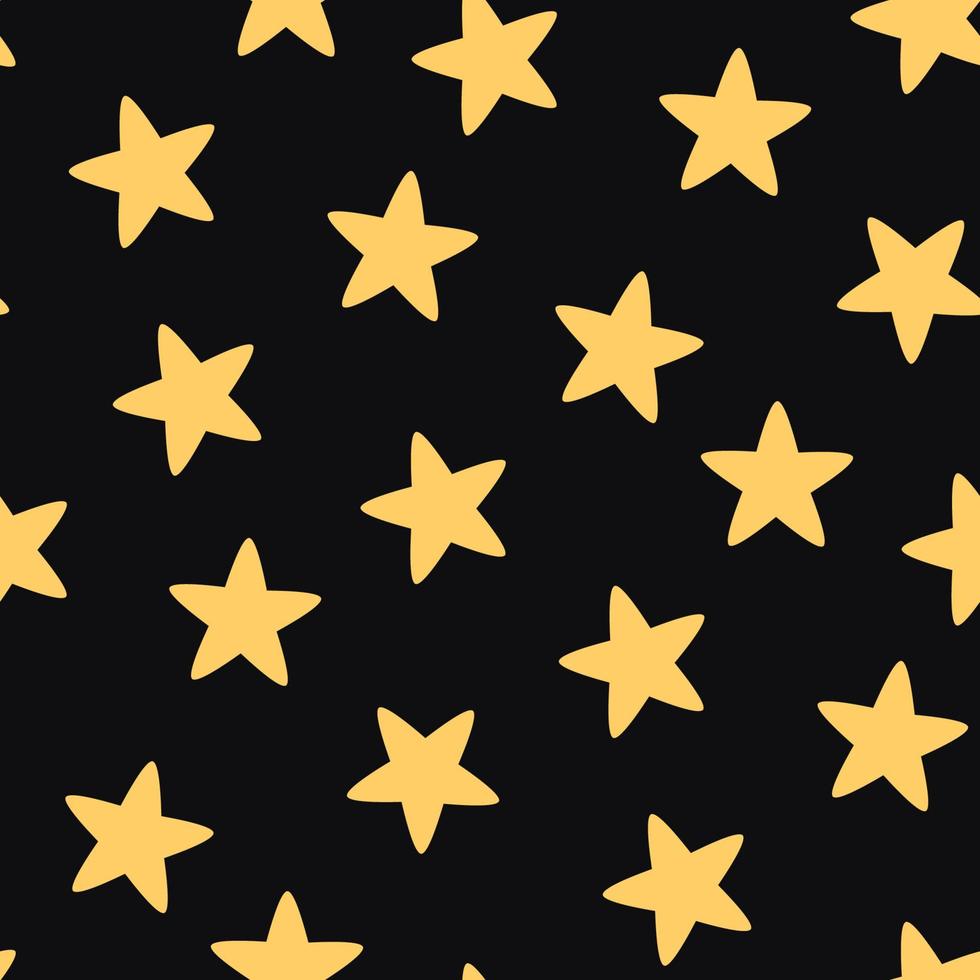 Vector seamless pattern with hand-drawn stars on black background. Night sky art texture. Modern illustration print. Simple doodle for any surface design.