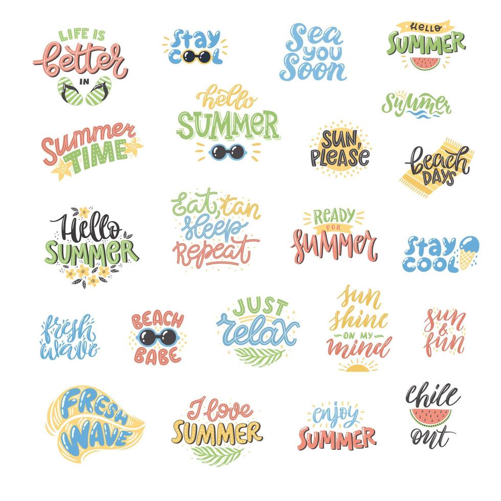 Colourful summer lettering set in hand-drawn style. vector