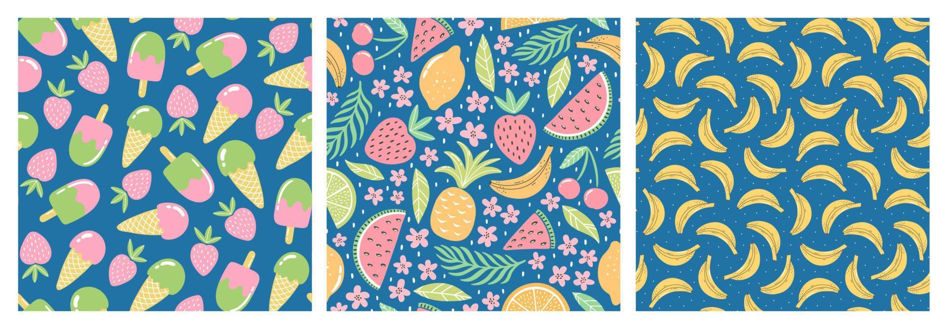Set of seamless patterns with colorful fruits and sweets for textile design. Summer background in bright colors. Hand-drawn trendy vector illustrations.