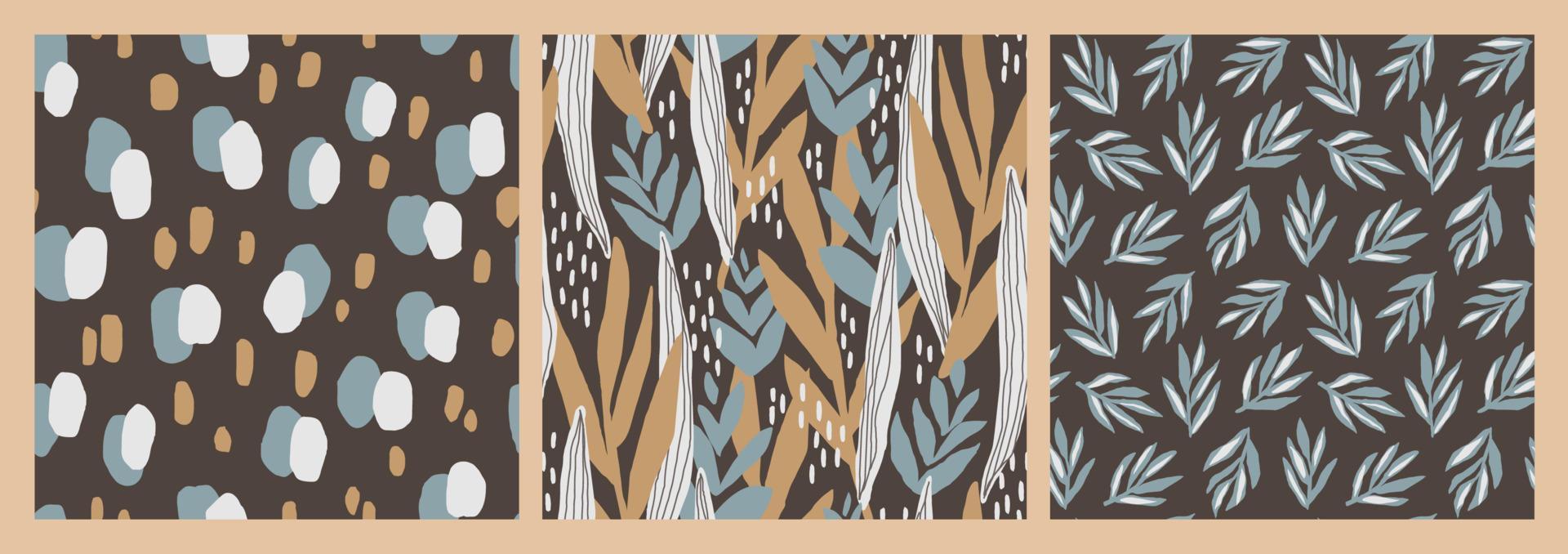 Set of artistic seamless patterns with abstract plants and shapes. Colorful floral illustration for paper and gift wrap. Fabric print modern design. Creative stylish background. vector