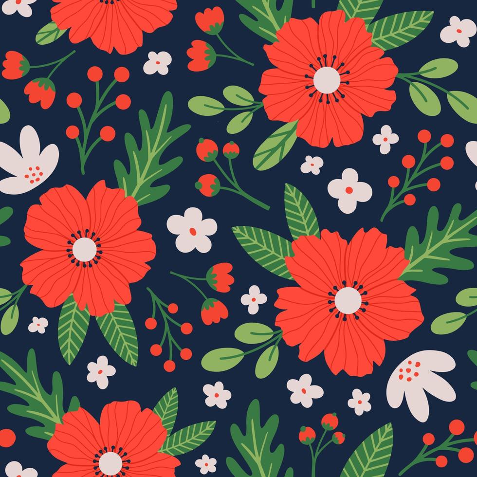 Aesthetic Contemporary printable seamless pattern with Spring botanical print design. Decorative poppy, flowers and leaves. Pastel boho background in minimalist mid century style for fabric vector