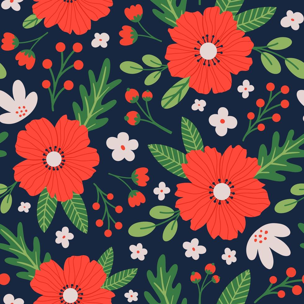 patrón estético contemporáneo imprimible sin costuras con diseño de estampado botánico primaveral. amapola decorativa, flores y hojas. fondo boho pastel en estilo minimalista de mediados de siglo para tela vector