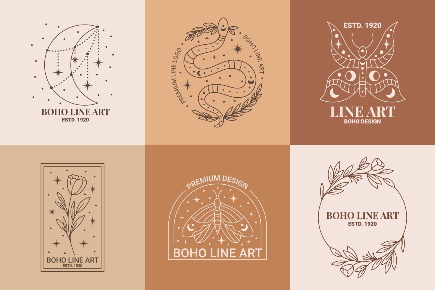 Boho mystic doodle esoteric logo set. Magic line art icon with moon, snake, rose, moth, floral wreath vector