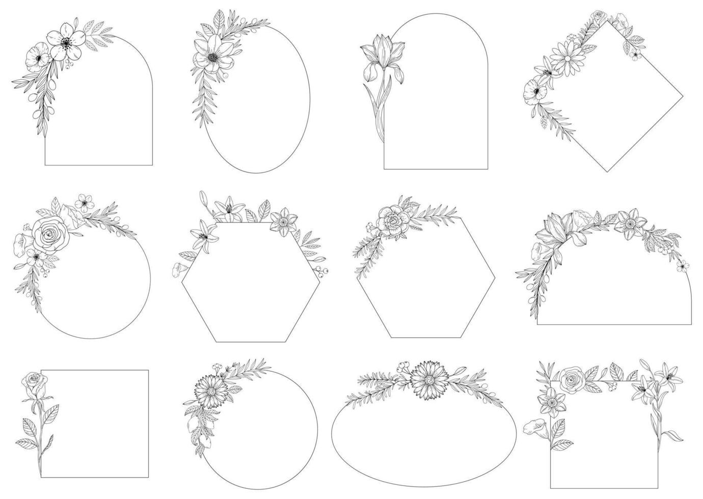 Set abstract elegant line art flower and leaf frame. Continuous boho line art silhouette of floral artwork vector