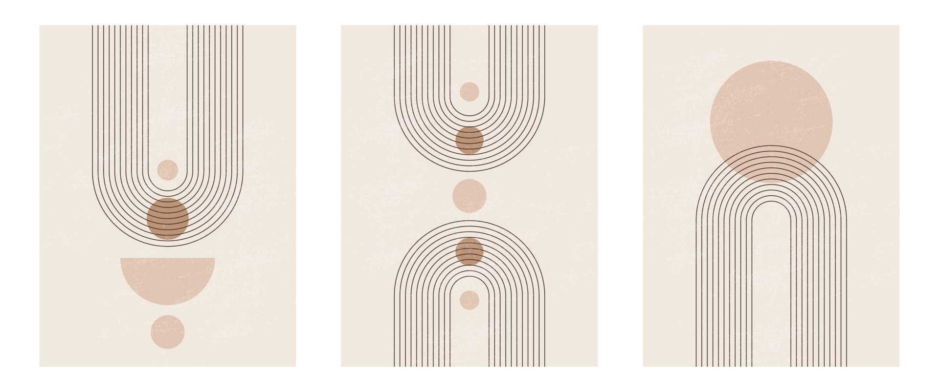 Set of Mid century modern minimalist art print with organic natural shape. Abstract contemporary aesthetic background with geometric Minimal black line on beige. Boho wall decor. vector