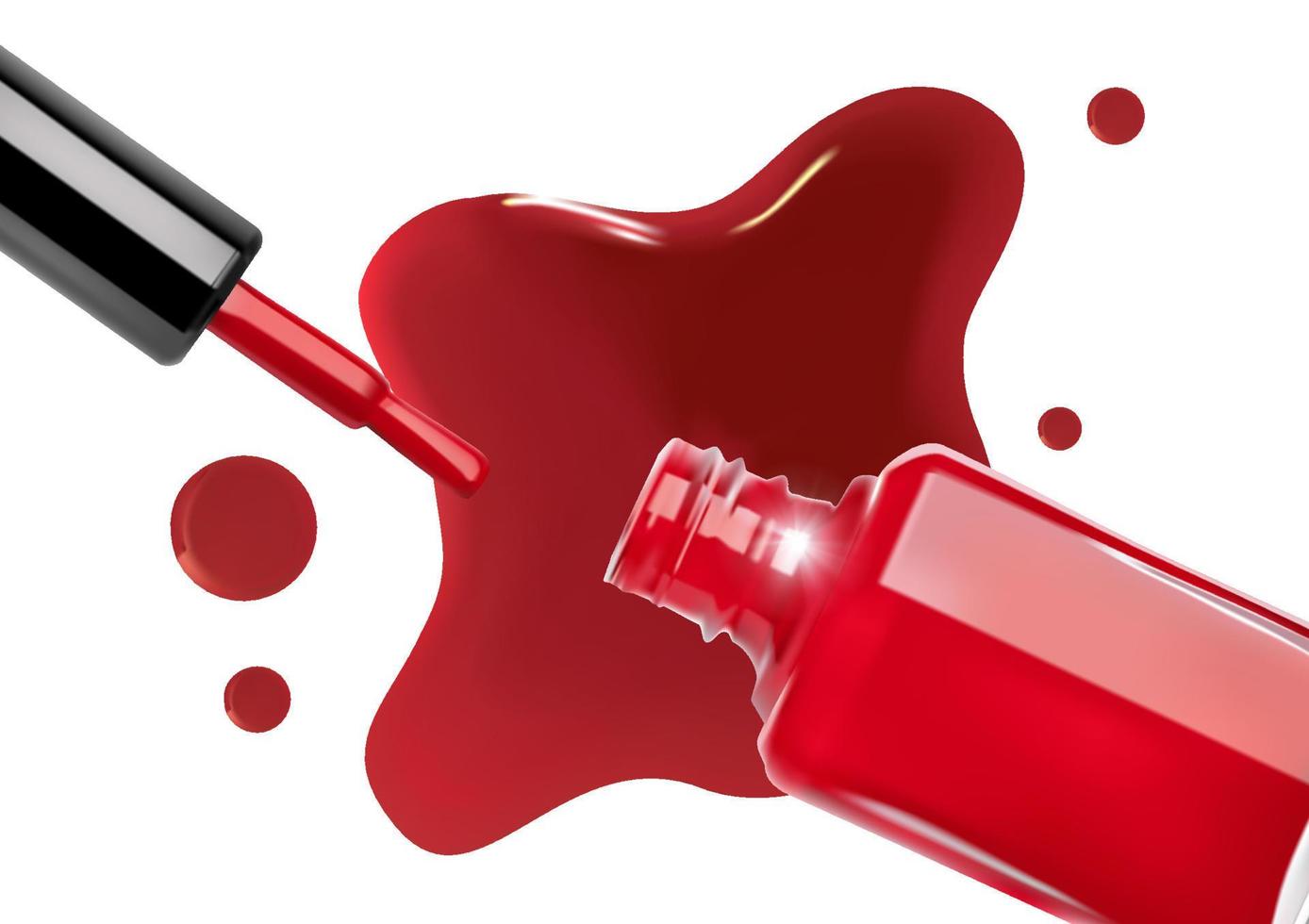 Red nail polish spilled from the bottle with brush on white background, top view vector