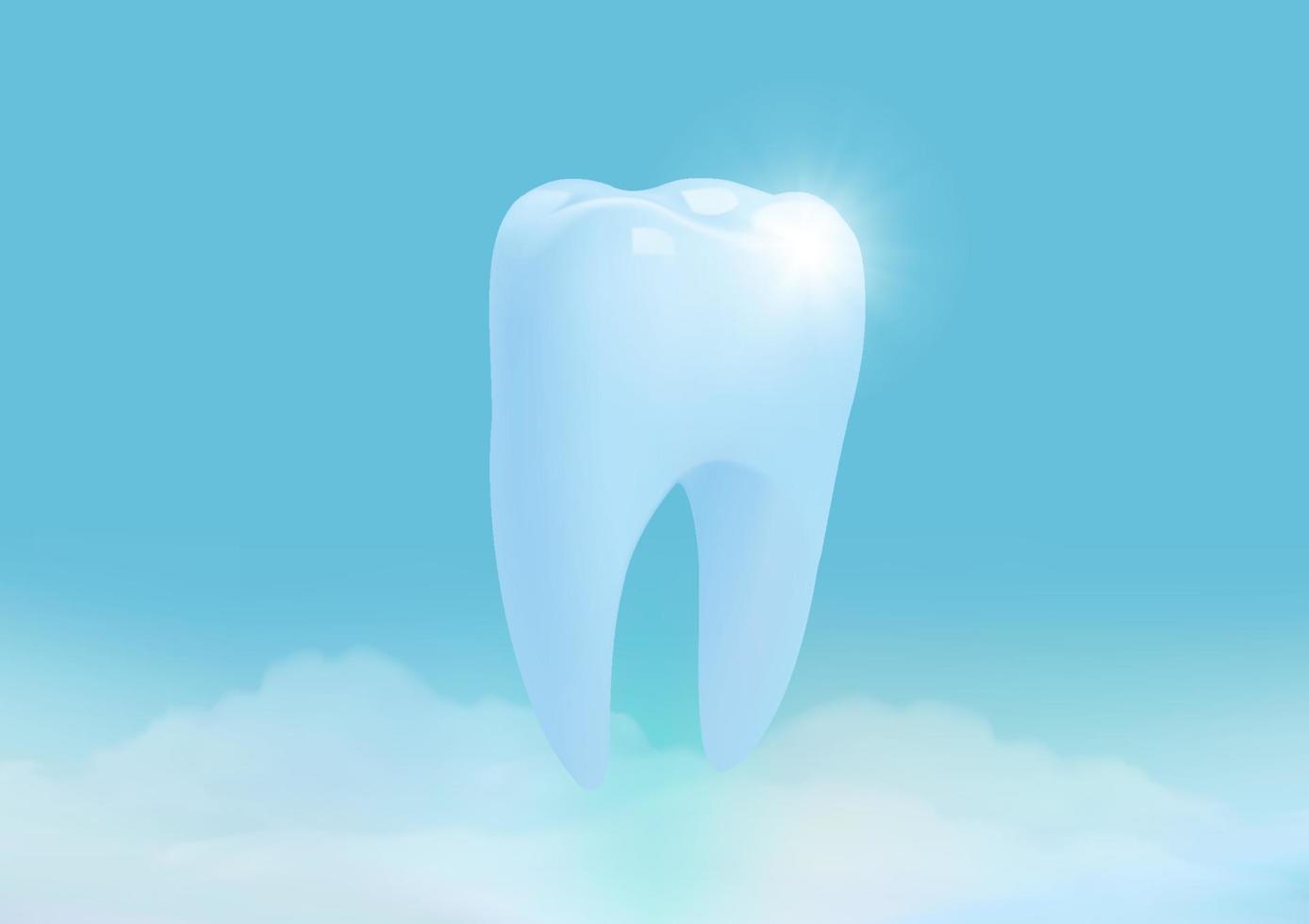 diente sano con nube sobre fondo azul, concepto de blanqueamiento dental, vector de ilustración